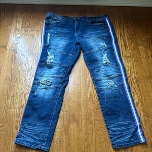 Ops Men’s Slim Stretch Moto Biker Jeans Blue Acid Wash  Purple Stripe
